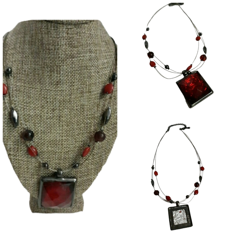 Beautiful Ruby Red color stone triple strand beaded dark silver & Black.  18"